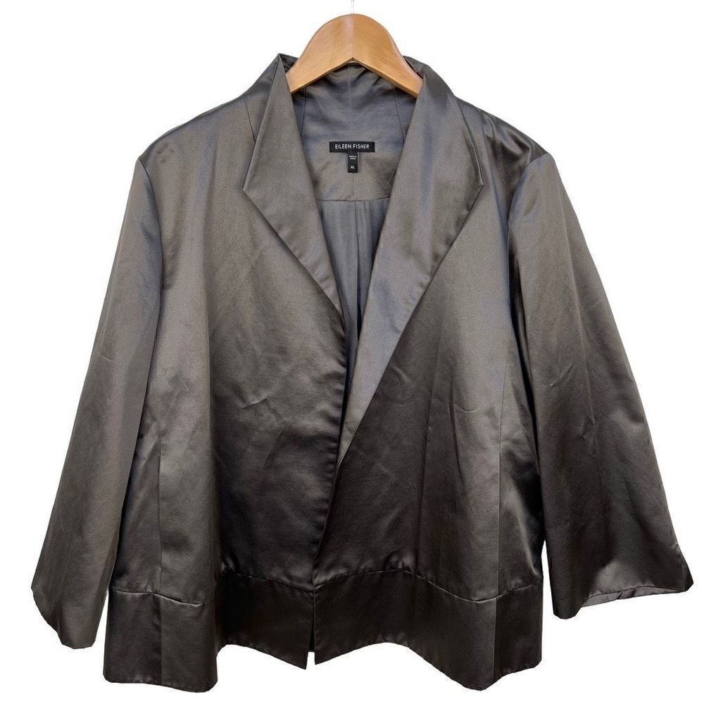Eileen Fisher Silk Blend Jacket Open Front Formal Dark Gray Satin womens size XL